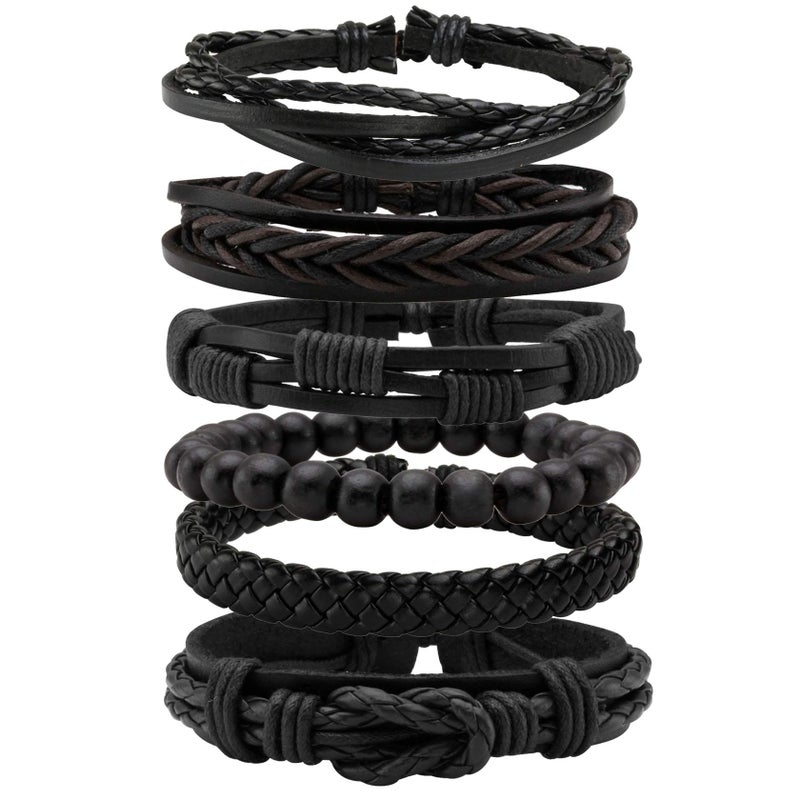 MILAKOO 6 Pcs Black Braided Leather Bracelets for Men Women Cuff Wrap Wristbands - Image 1